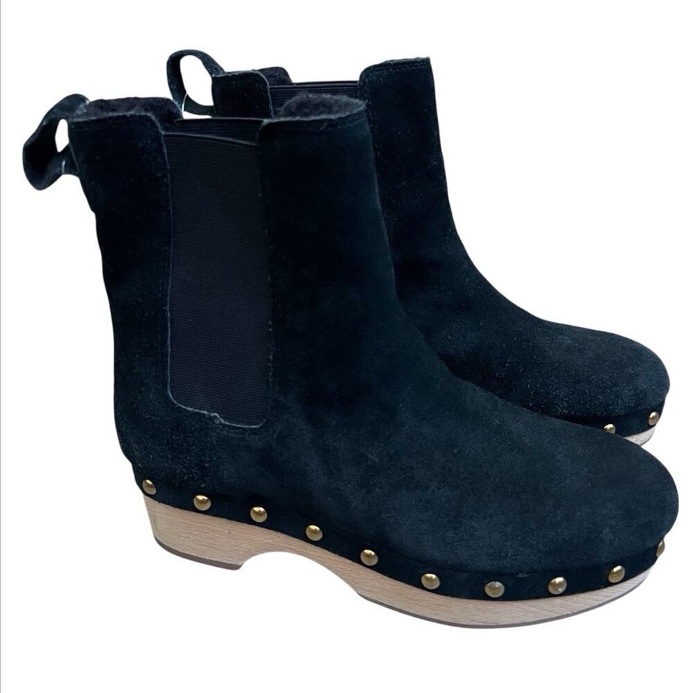 J. CREW Faux Fur Lined Chelsea Clog Boots Black Suede Leather Sz 6 Gold Studded
